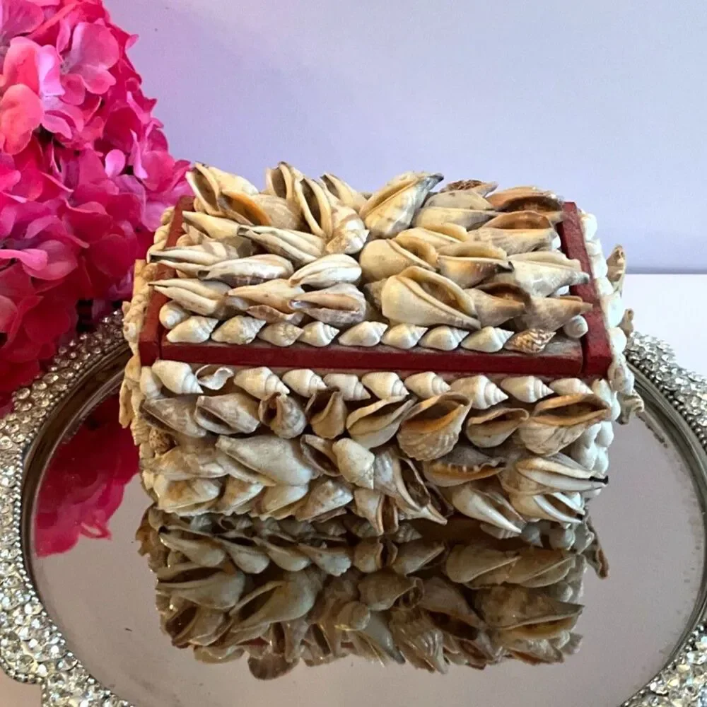 Best! Seashell trinket box; tramp art, souvenir shell box must see
